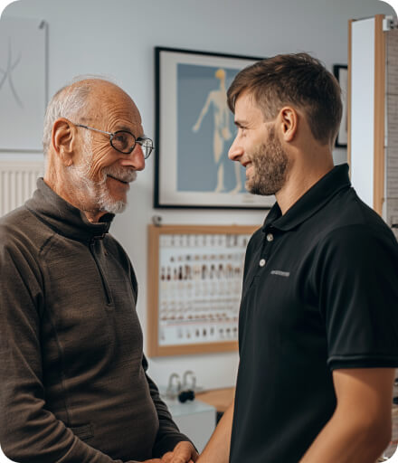 A doctor and patient shaking hands in an office.