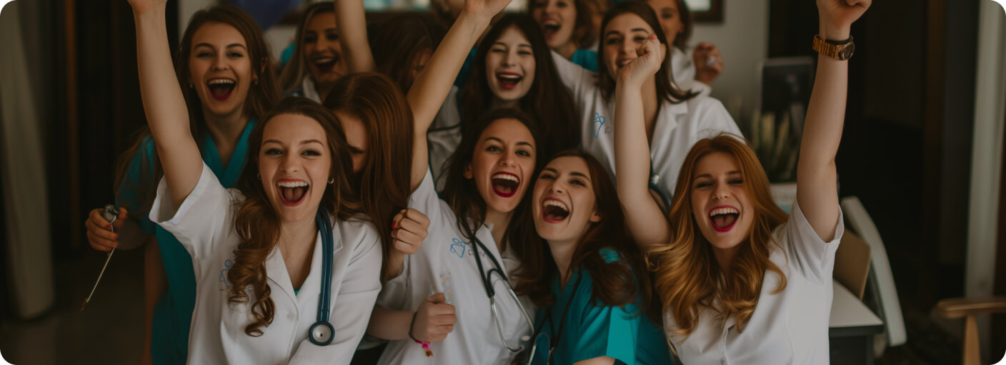 A group of smiling healthcare professionals in uniform cheerfully raising their arms and celebrating indoors.