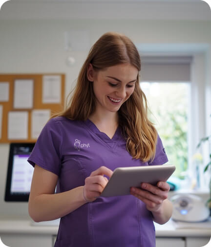 A woman in a purple uniform using a tablet.