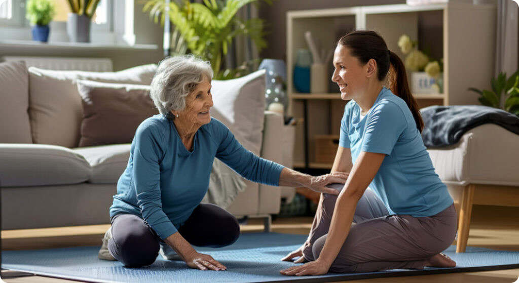 Two women practicing yoga together, one younger and one older, demonstrating poses in a peaceful setting.