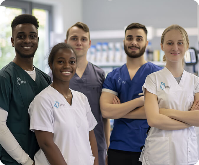 Medical staff in scrubs gathered outside a pharmacy.