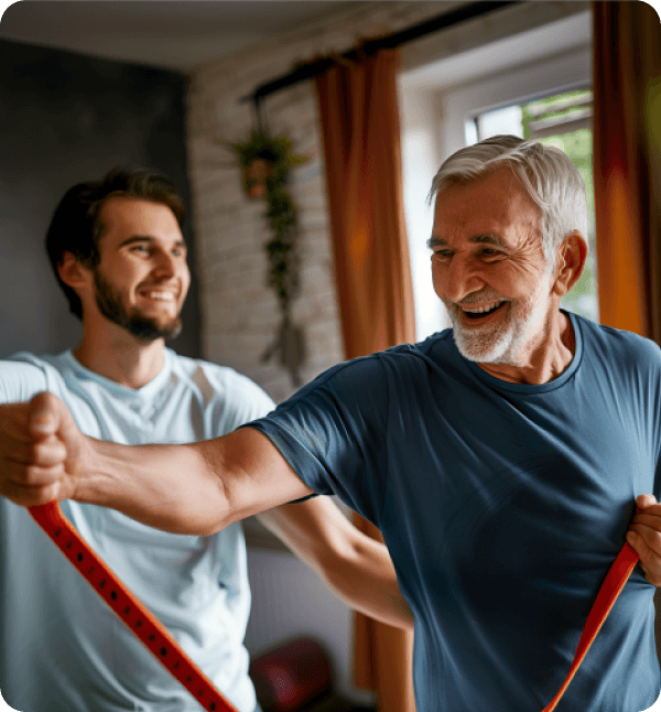 Two man engage in a joint exercise session, promoting health and collaboration in a lively environment.