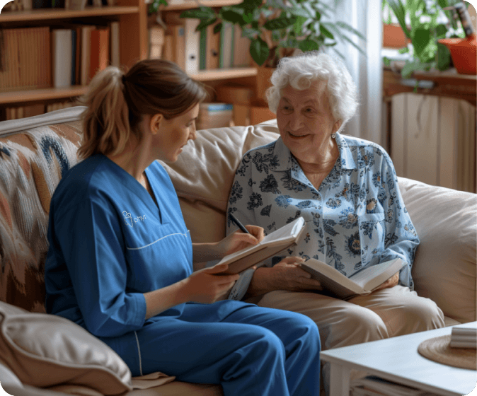 A woman in scrubs sits on a couch beside an older woman who is reading a book, creating a warm and caring atmosphere.