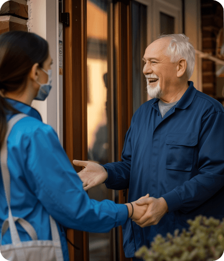 A man and woman shaking hands outside a residence, symbolizing a professional or friendly agreement.