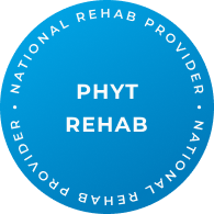 Logo for Phyt Rehab Center, featuring a green leaf and the center's name in bold lettering.